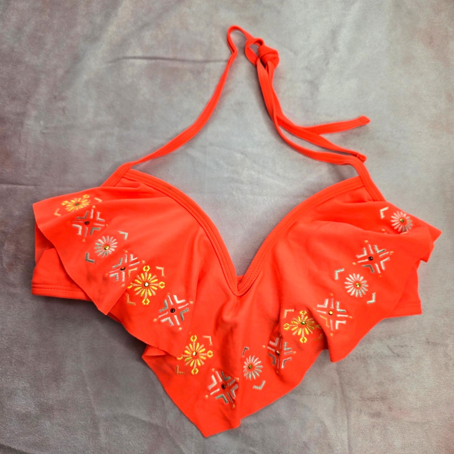 Xhilaration Orange Ruffle Floral String Padded Hook Bikini Top Swimwear Small