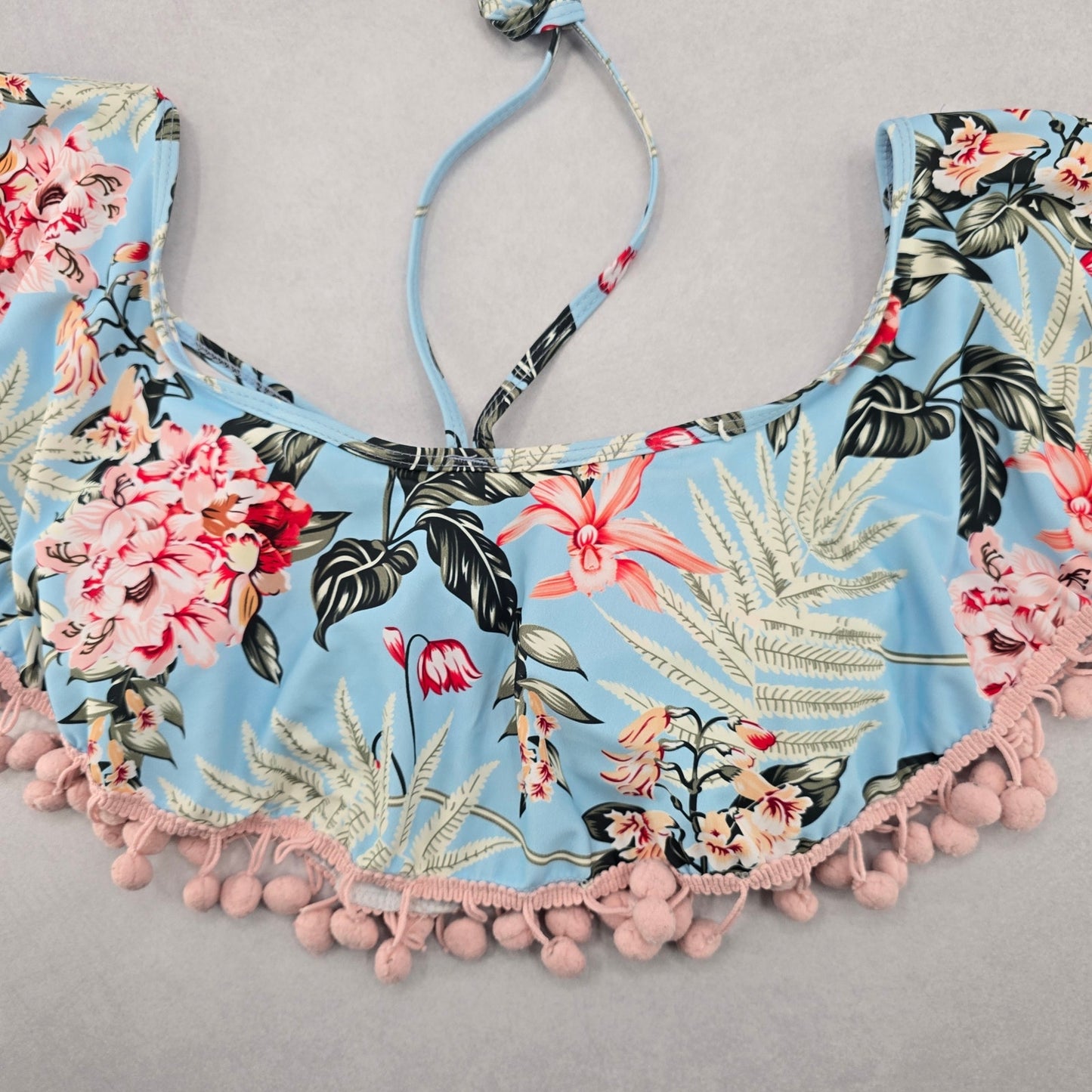 Blue Floral Bra Halter Cold Shoulder Beach Boho Bikini Bralette Swim Top S Small