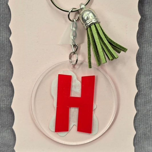 Letter Keychain Clear Silver Circle Handmade Acrylic Tassel Flower H Green