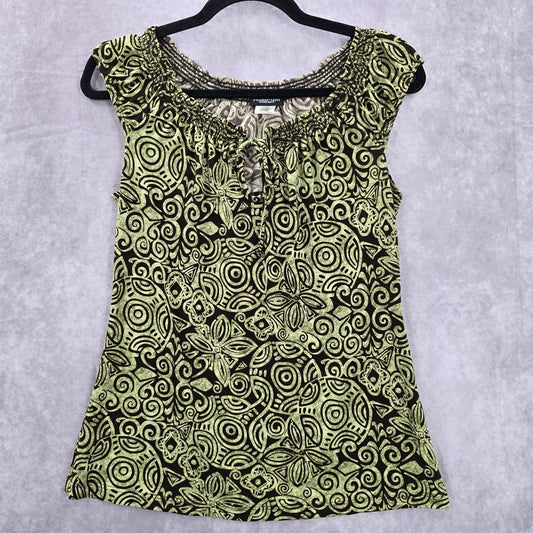 Perseption Concept Brown Green Floral Smock Sleeveless Paisley Swirl Top Small