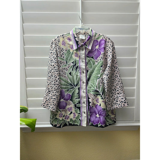 Allison Daley Animal Print Floral Summer Whimsy Petite Button Up Shirt Size 14P