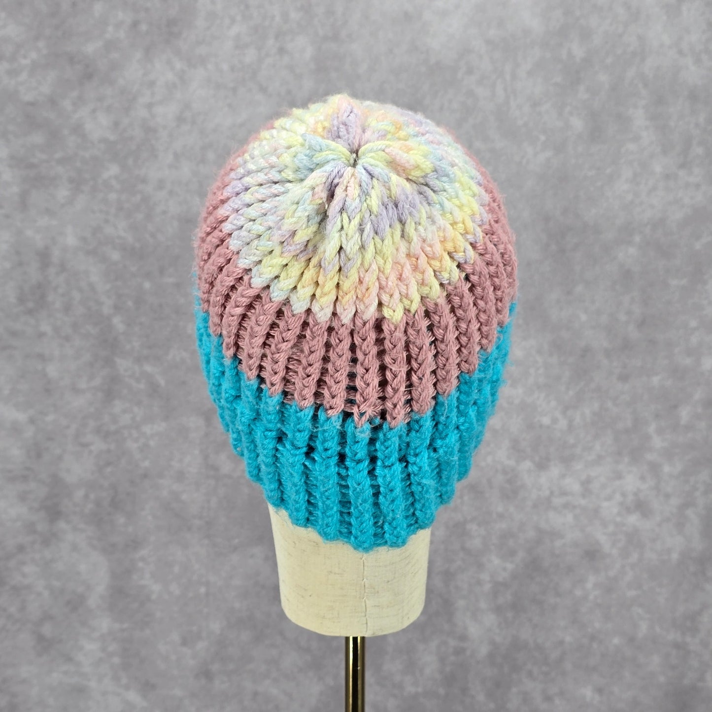 Blue Pink Crochet Knit Bucket Cap Hat Fun Vintage Y2K Funky Beanie