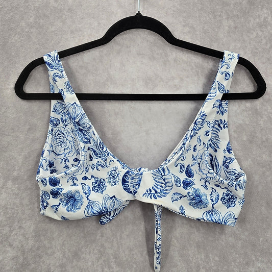Shein Blue White Floral Bikini Top Tie Front Swimwear Swimsuit Small