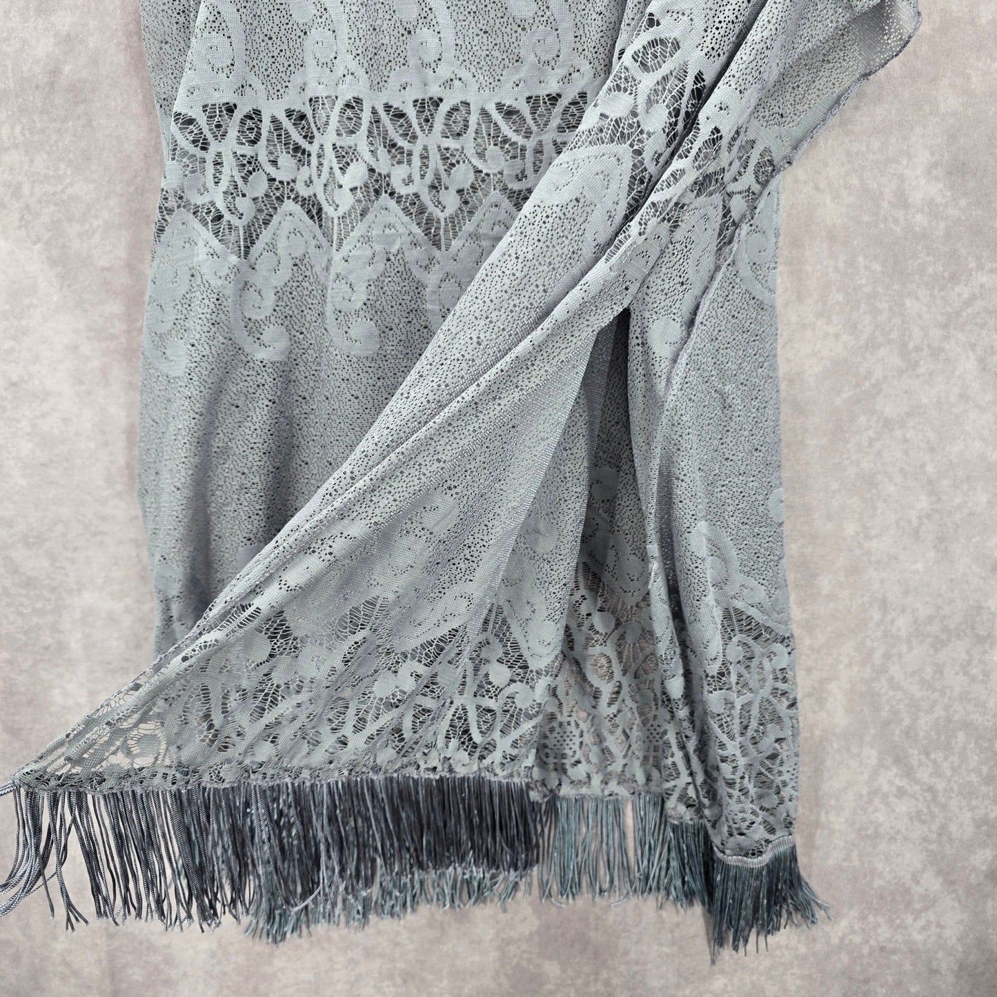 Arianna by Howards Gray Lace Fringe Boho Beach Swim Cover Up Duster Kimono XL