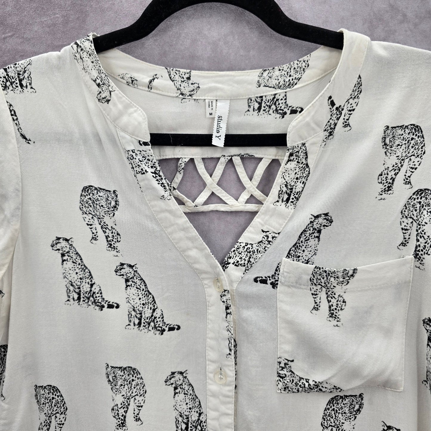 Studio Y White Black Leopard Print Cutout Crisscross Button Up Top Medium