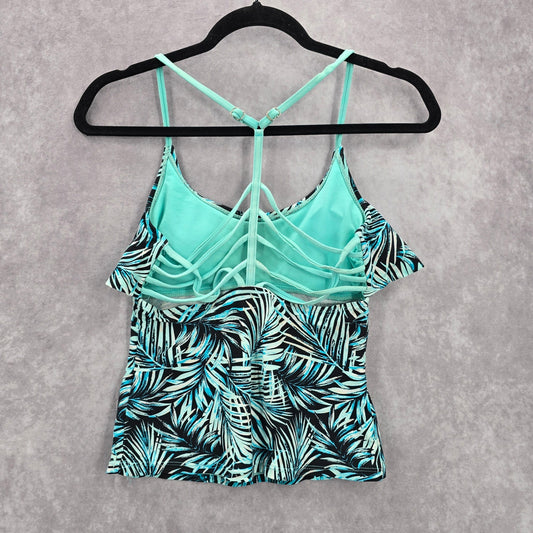 Blue Floral Tropical Ruffle Padded Straps Racerback Swimwear Tankini Top S Small