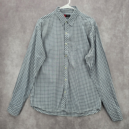White Blue Checker Plaid Button Down Long Sleeve Mens Shirt XL Extra Large