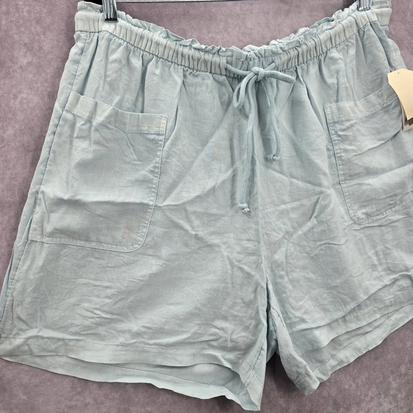 Wonderly Blue Pullon Ruffle Linen Relaxed Pants Shorts Plus 2X