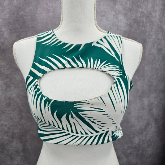 Green White Tropical Leaf Cutout Padded Bikini Top Swimwear Medium
