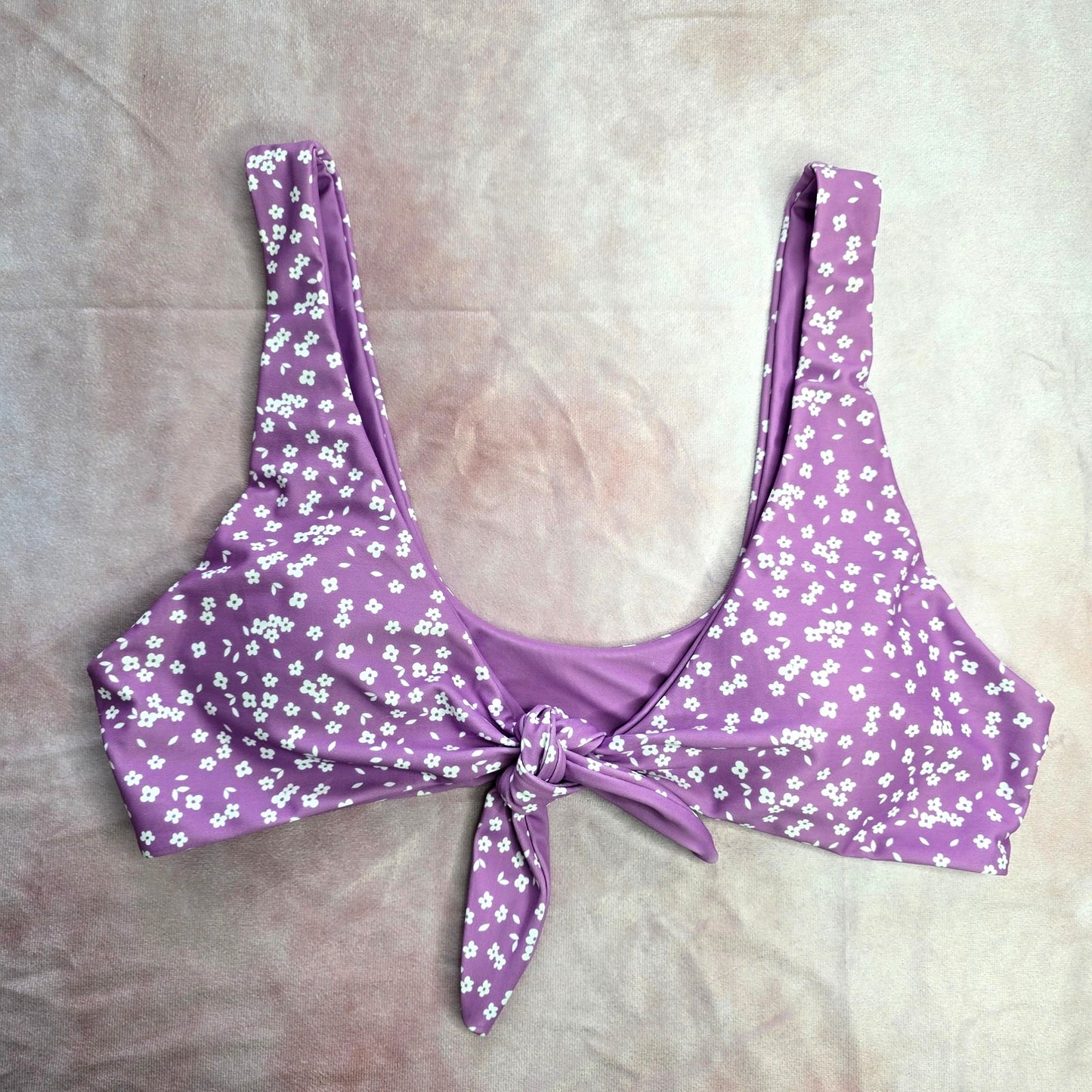 Purple White Floral Tie Front Padded Bikini Top Swimwear Medium