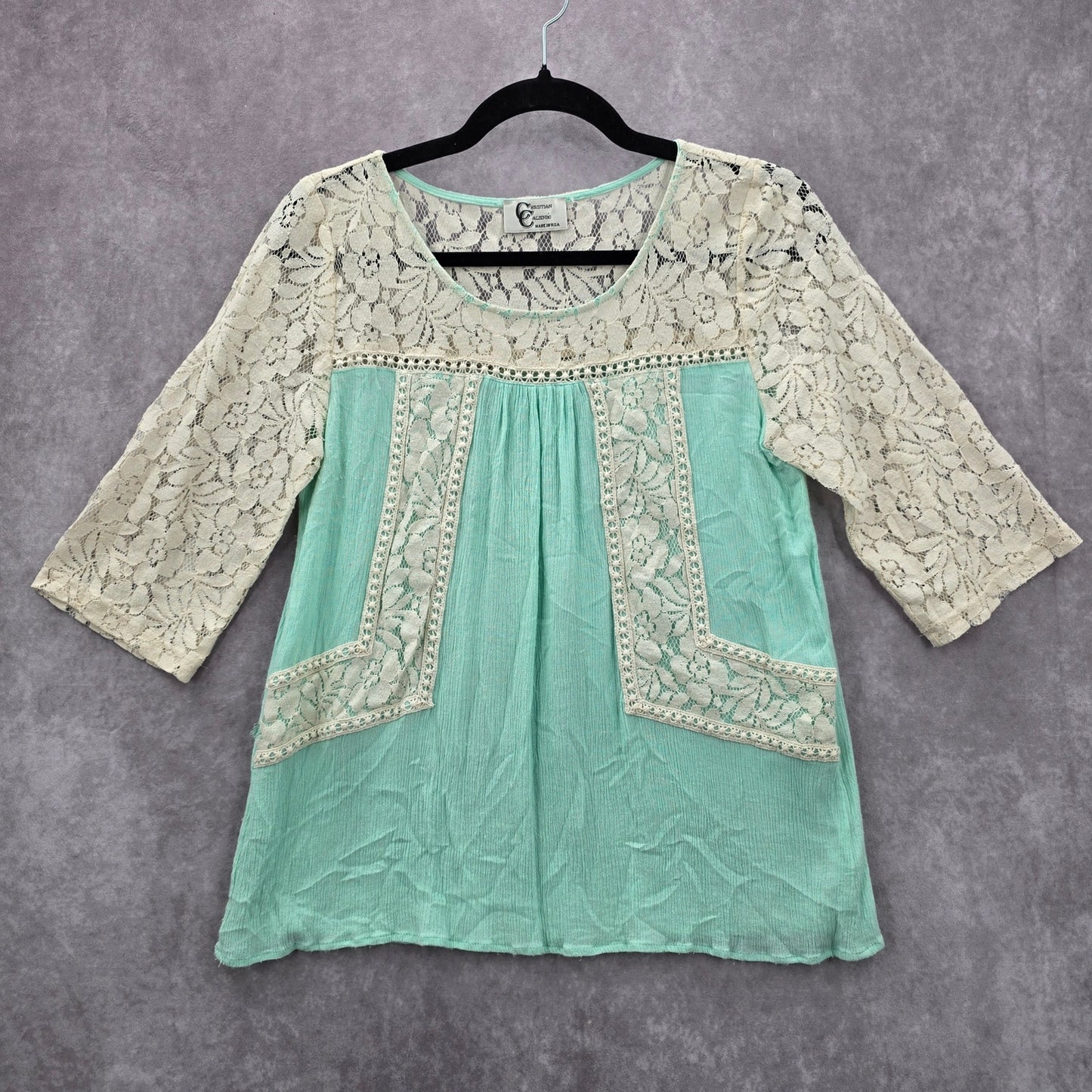Christian Caliendo Mint Green White Lace Boho Shirt Top Blouse Small