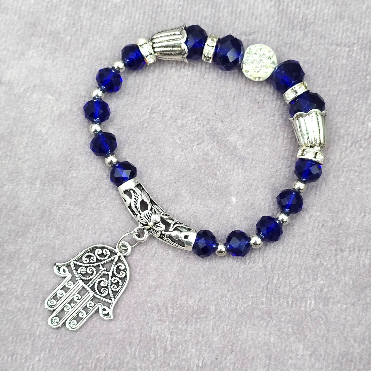 Silver Bead Hand Charka Charm Dangle Elastic Bracelet Boho Retro Fashion Jewelry