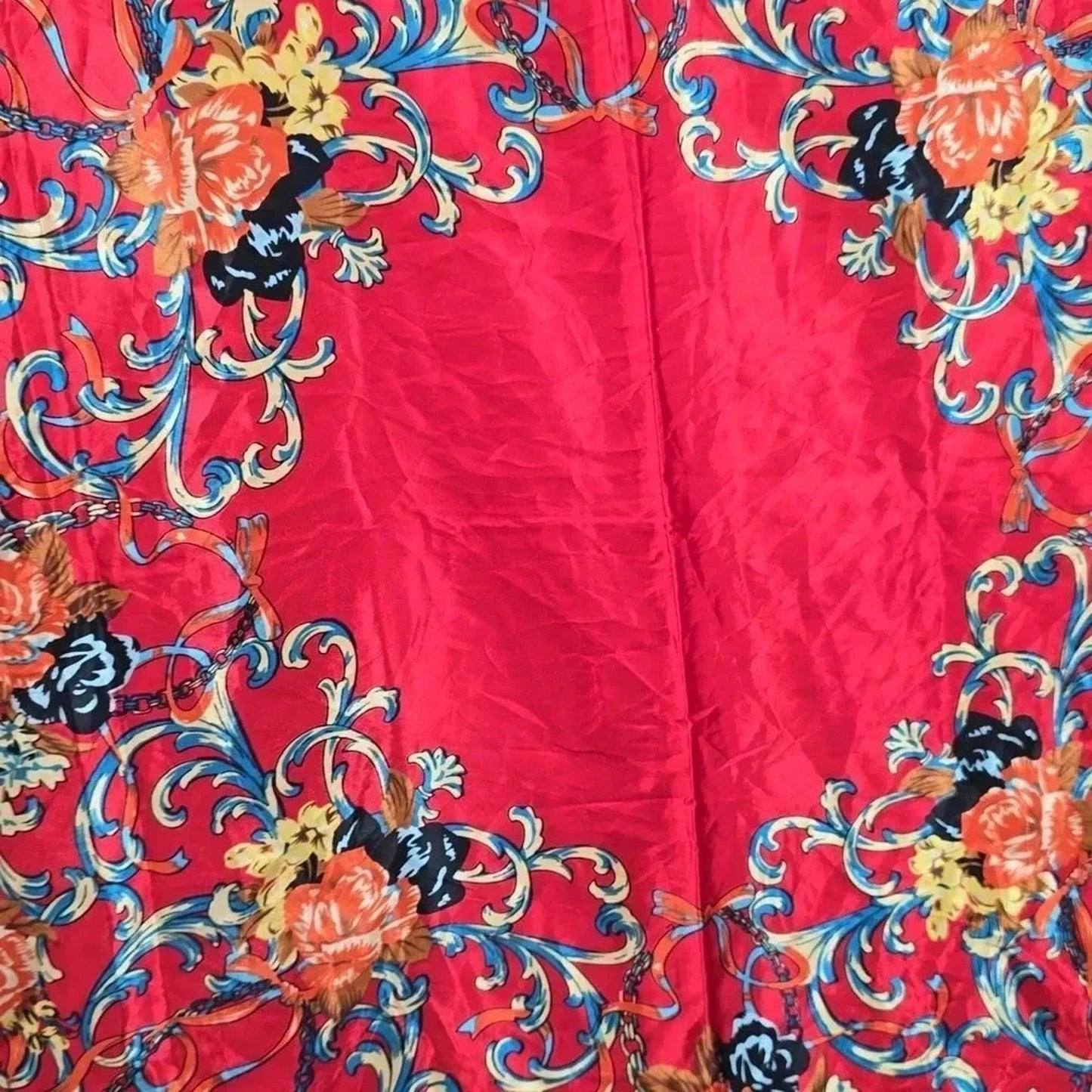 Zara Red Black Gold Floral Satin Silk Paisley Leaf Scroll Patterned Square Scarf