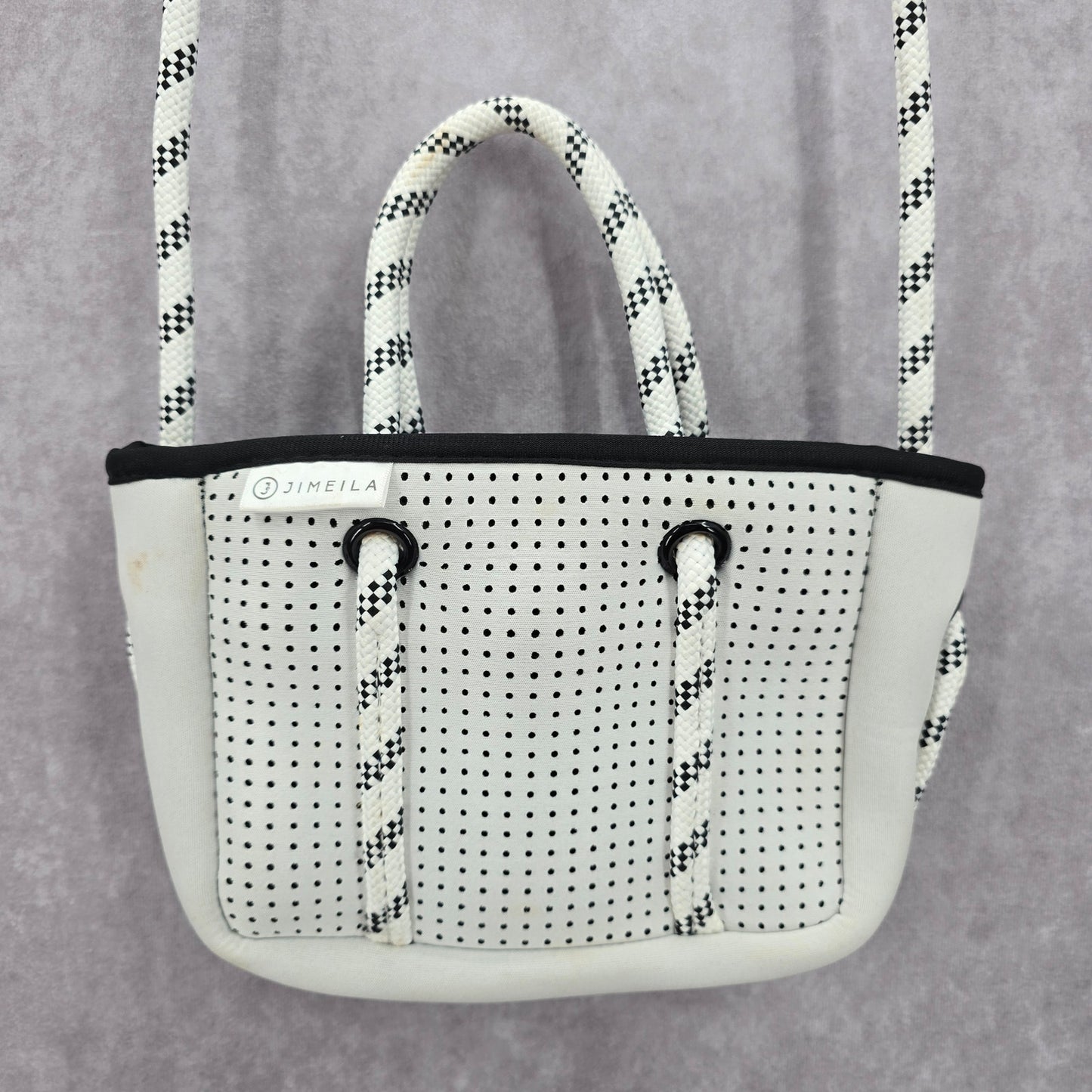 Jimelia White Black Neoprene Rope Small Crossbody With Zipper Pouch