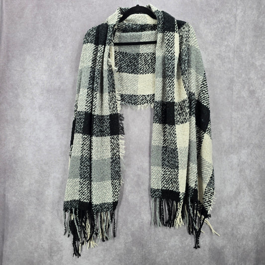 Rampage Black White Plaid Tartan Fringe Tassel Knit Wrap Shawl Scarves Scarf