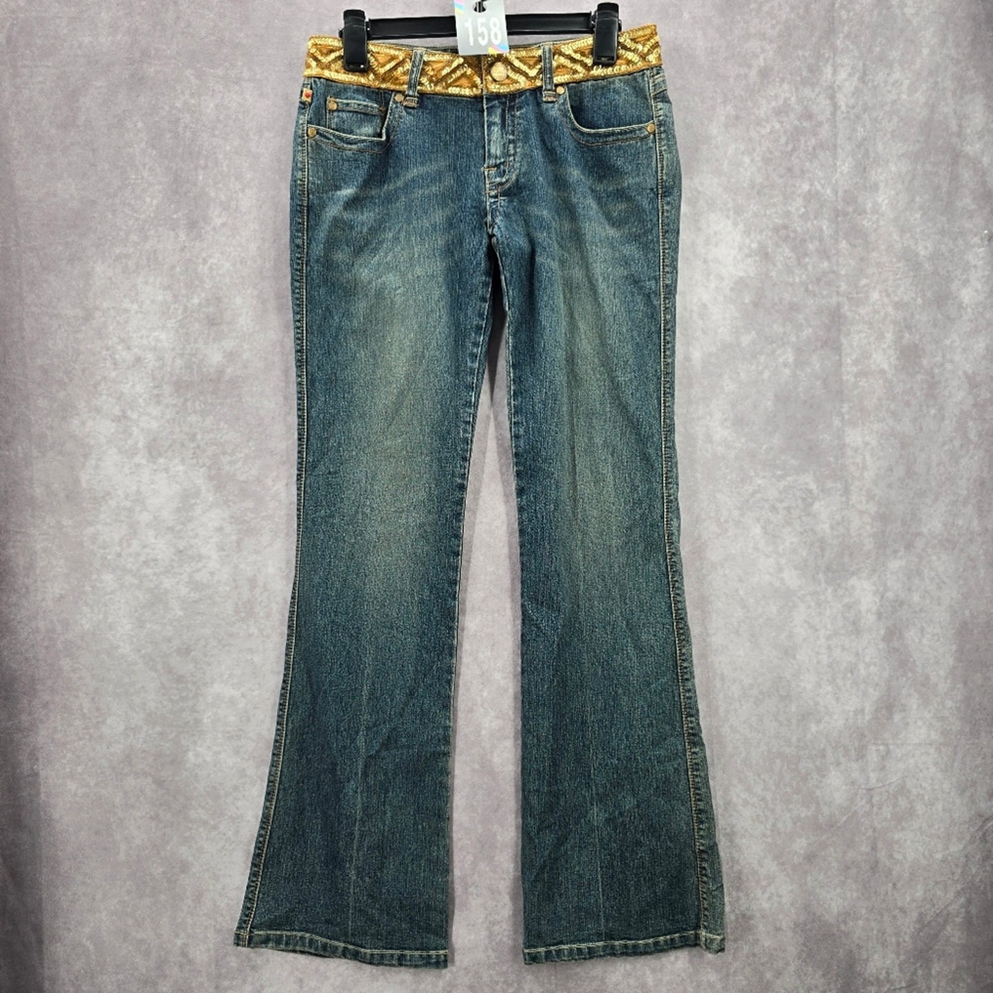 158. XOXO Blue Straight Bootcut Flare Gold Sequin Denim Pants Jeans 7/8