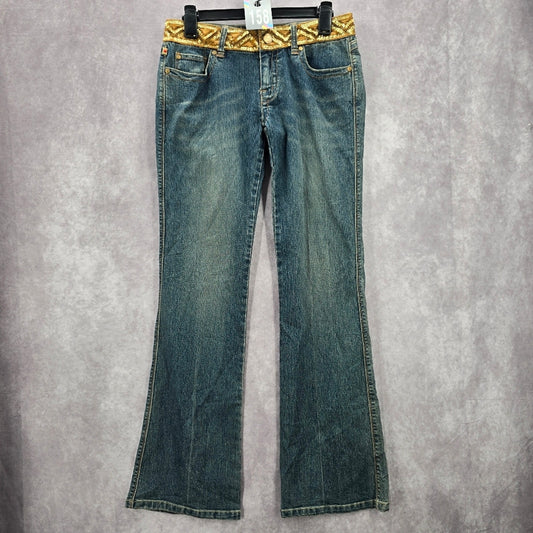 158. XOXO Blue Straight Bootcut Flare Gold Sequin Denim Pants Jeans 7/8