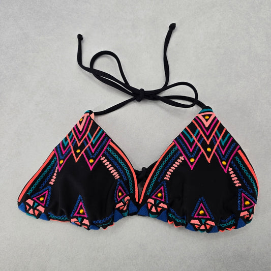 Black Embroidered Stud Padded Tie Beach Sports Bikini Bralette Swim Top S Small