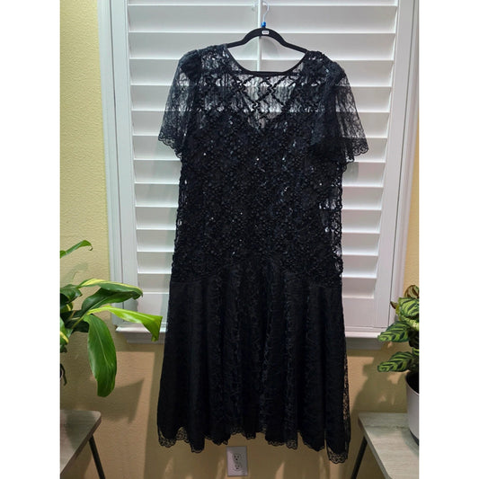 Black Lace Sequin Whimsy Goth Fairy Sparkly Gothic Glam Holiday Dress Plus 24W
