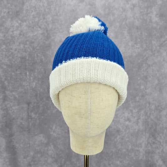 Blue White Pom Pom Crochet Knit Bucket Cap Hat Fun Vintage Y2K Funky Beanie
