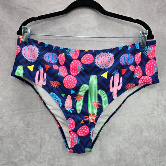 Shein Blue Cactus Floral Print Swimwear Swimsuit Bikini Bottom Plus 3XL