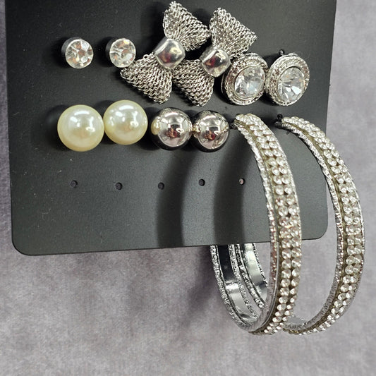 Silver Bow Hoop Stud Rhinestone Pearl Dangle Fashion Jewelry Earrings NWT JB2-76