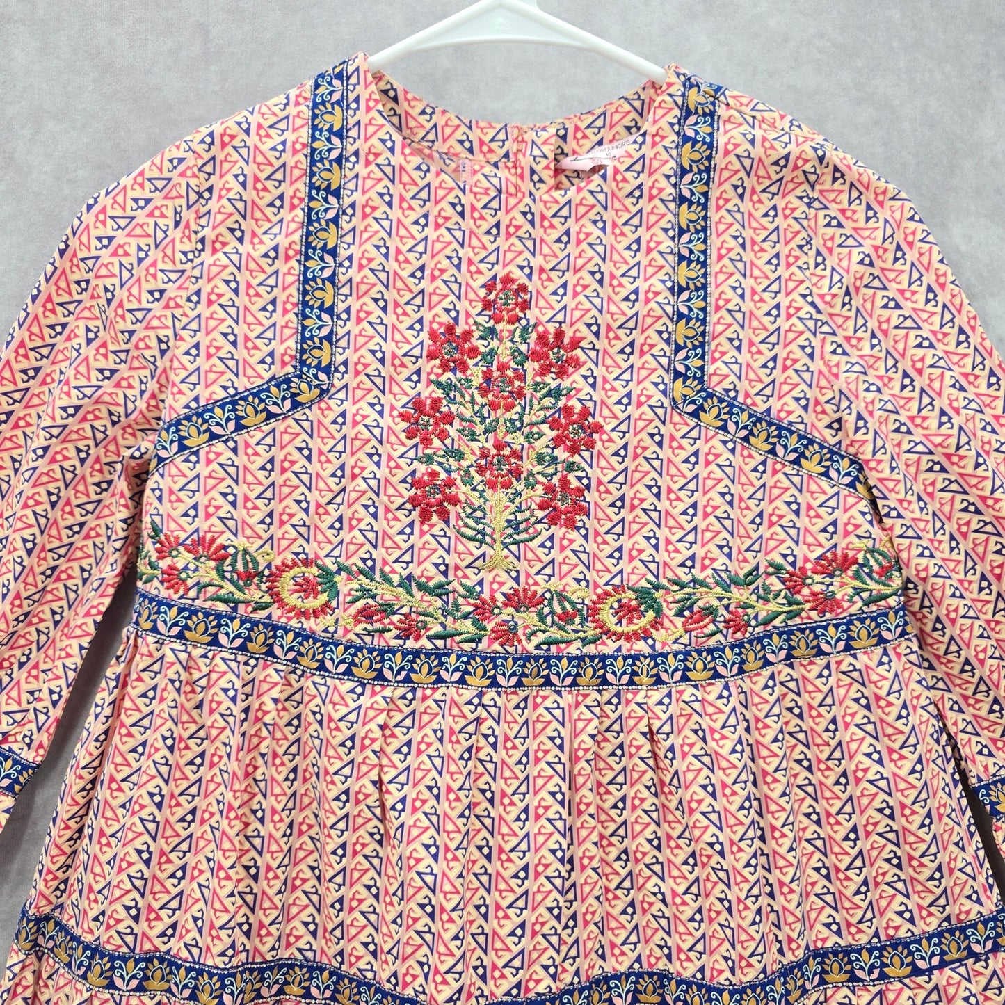 Yellow Pink Blue Long Sleeve Flare Floral Print Embroidered Cotton Dress 10