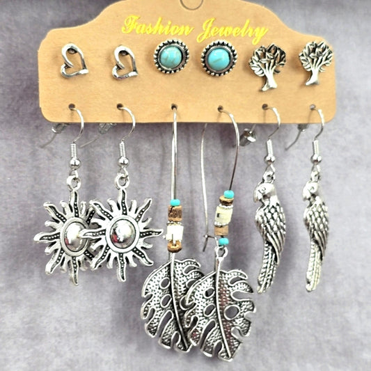 Silver Leaf Bird Sun Boho Hoop Bird Dangle Stud Earrings Fashion Jewelry JB2-74