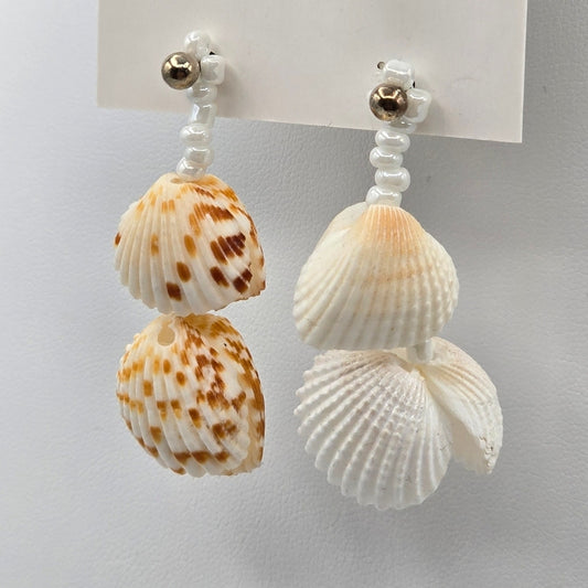 Sea Shell White Bead Drop Boho Cottage Dangle Stud Earrings Fashion Jewelry