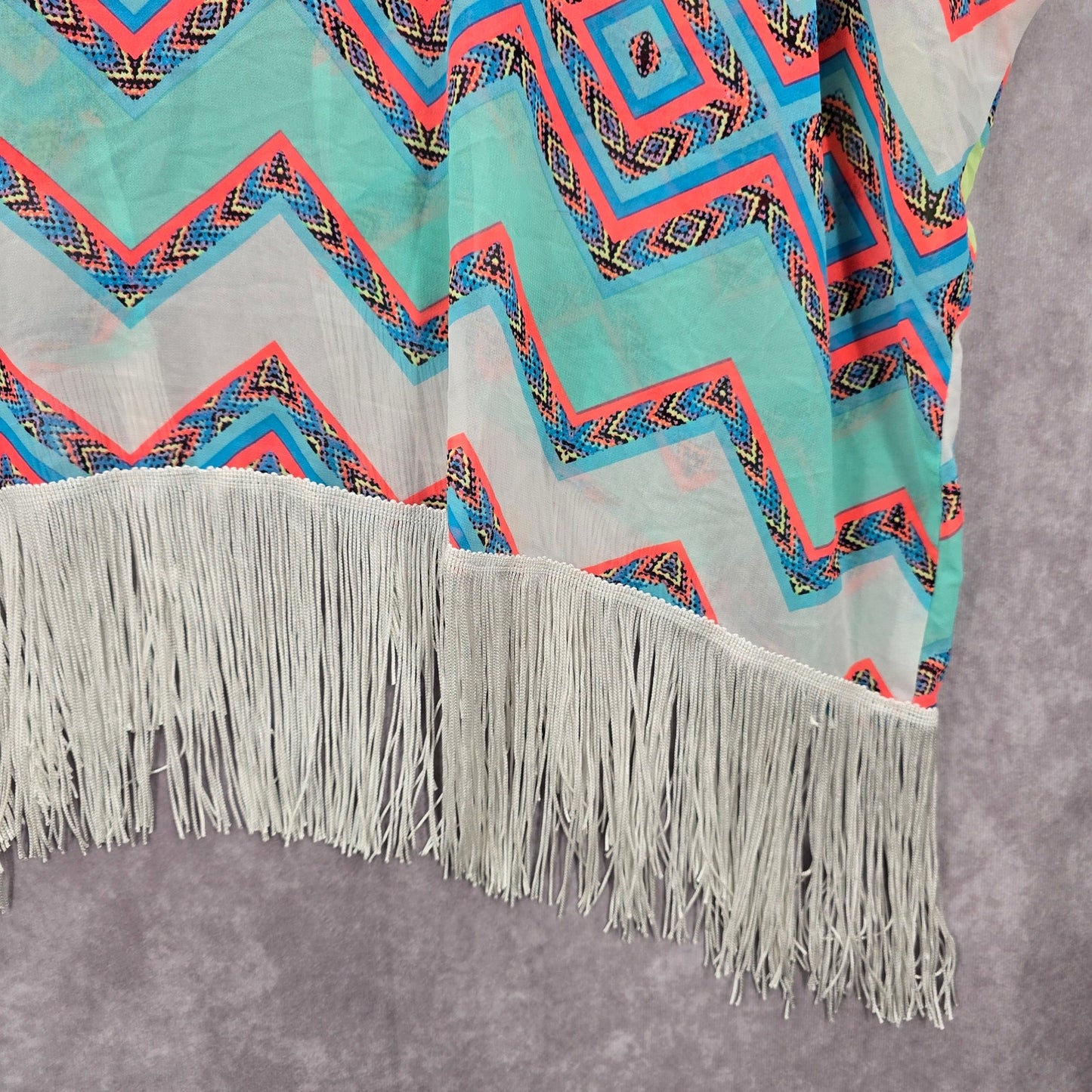 OP White Chevron Wrap Fringe Boho Beach Swim Cover Up Duster Kimono Medium M 7-9