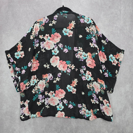 Xhilaration Black Floral Sheer Boho Flowy Beach Swim Cover Up Duster Kimono L/XL