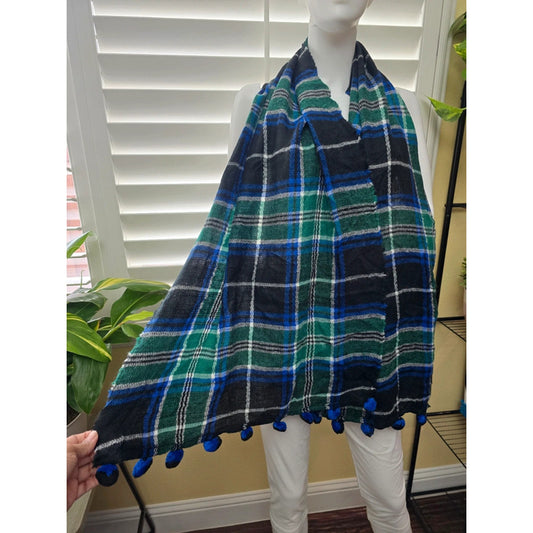 Est 1946 Green Pom Pom Plaid Long 90s Scarf OSFM