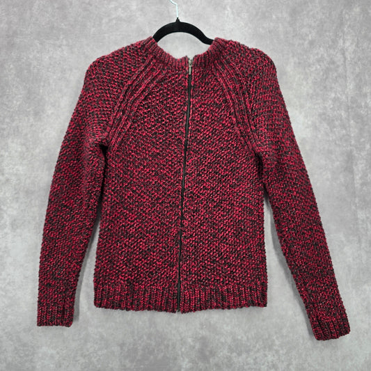 Tart Red Black Long Sleeve Zipper Back Pullover Knit Sweater Cardigan Small