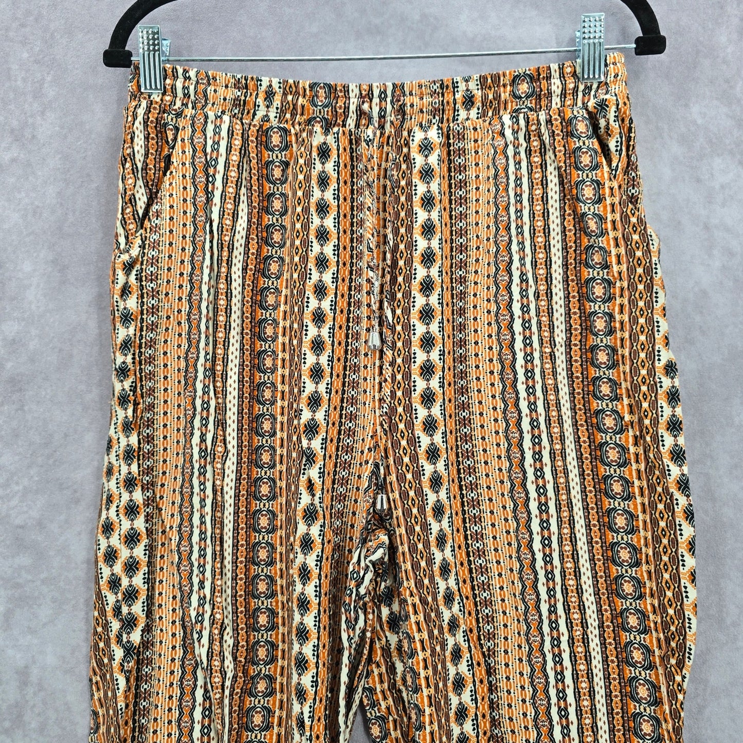 Orange Boho Floral Pullon Wide Straight Hippy Bottoms Pants S/M Small Medium
