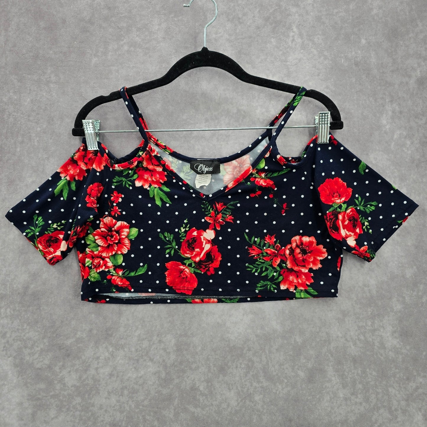 Objex Navy Blue Floral Polka Dot Cold Short Cropped Top Blouse Extra Large XL