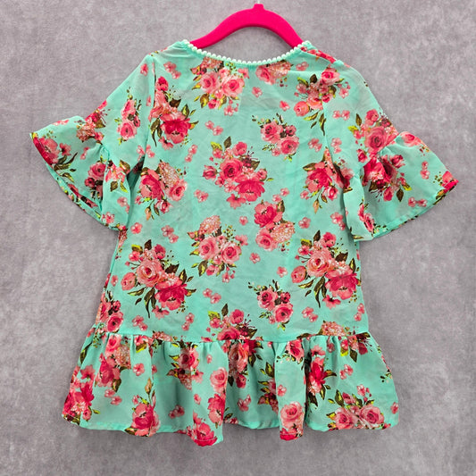 Nannette Green Floral Ruffle Short Sleeve Lace Sheer Cover Up 3T