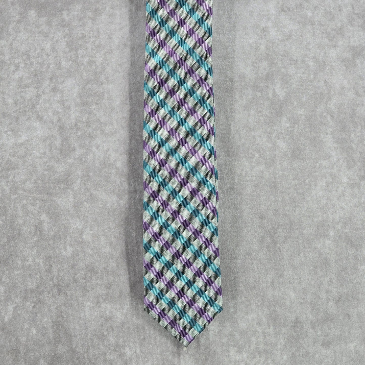 JF J. Ferrar Gray Purple Blue Plaid Tartan Checker Men's Neck Tie NWOT
