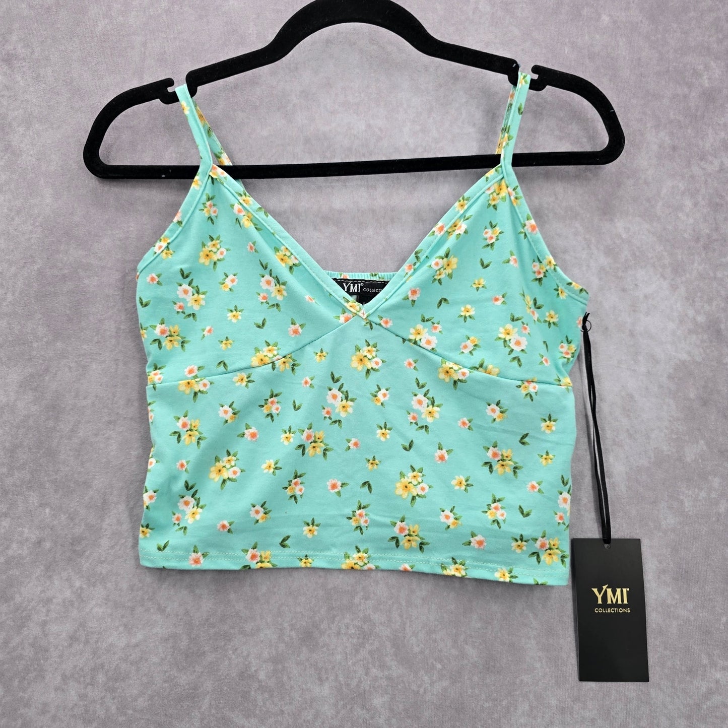 Ymi Collections Green Yellow Floral Cropped Tank Top Boho Retro Large