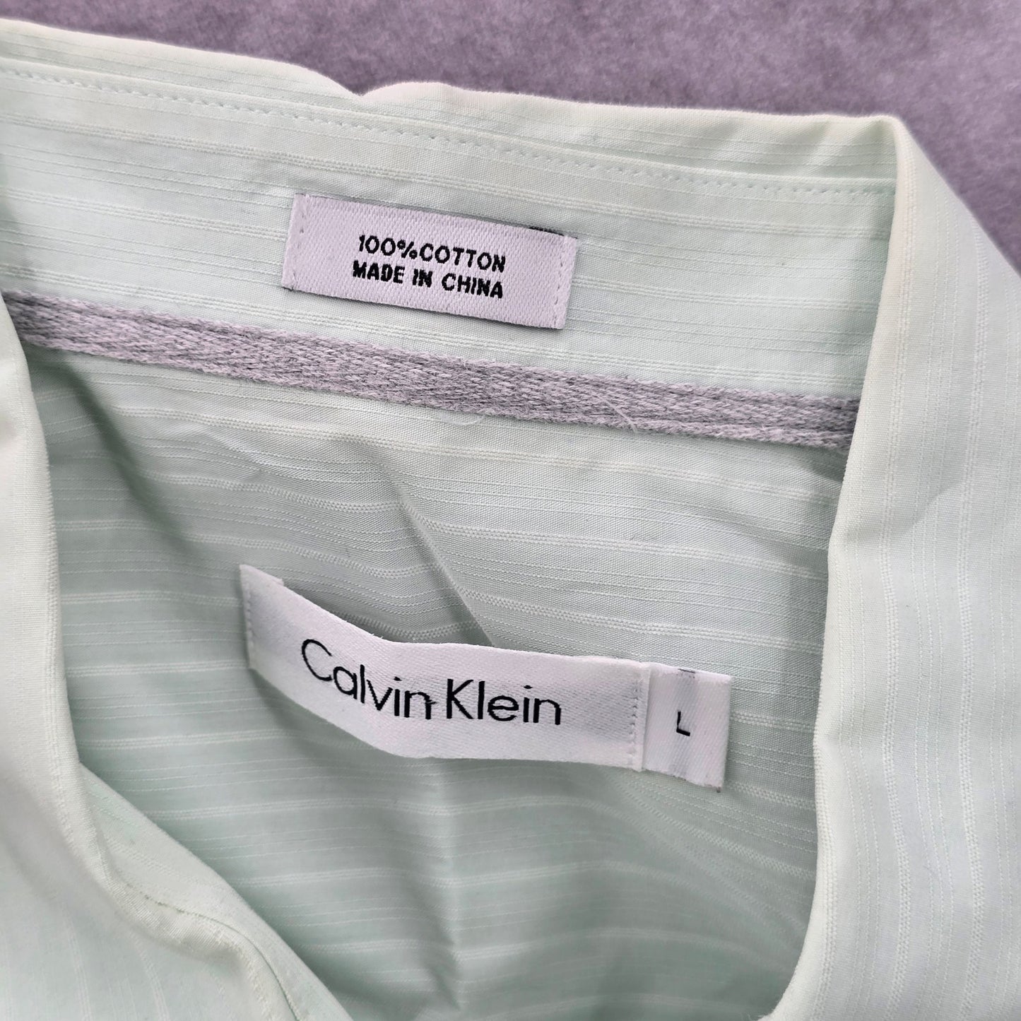 Calvin Klein Mens Green Button Down Long Sleeve Stripe Cotton Dress Shirt Large