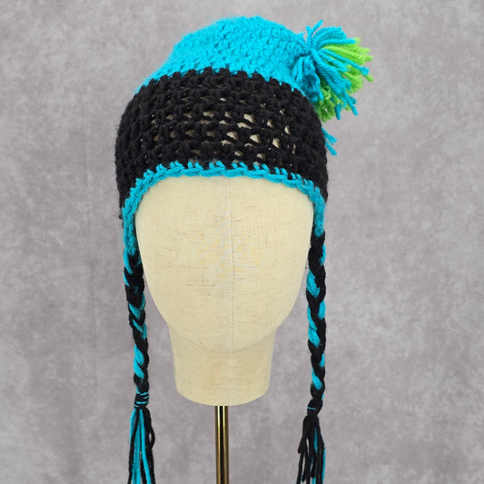 Blue Black Braid Pom Pom Tassel Crochet Funky Knit Bucket Cap Hat Beanie