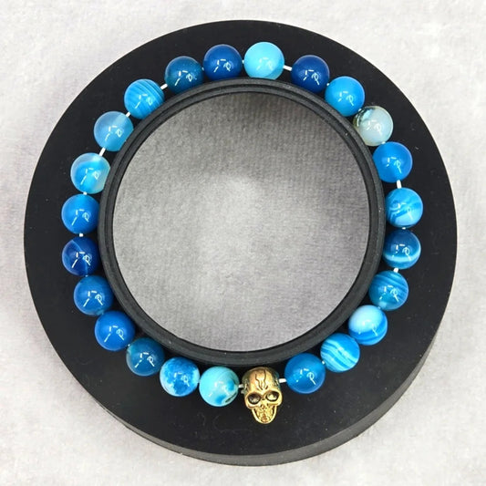Blue Gold Skull Glass Marble Stretch Bead Bracelet Fashion Jewelry JB2-22