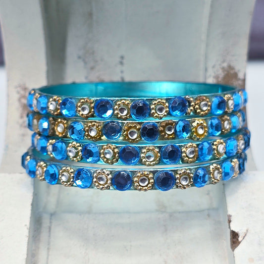 Blue Gold Floral Rhinestone Gems Set of 4 Bracelets Fashion Jewelry NWOT JB4-2