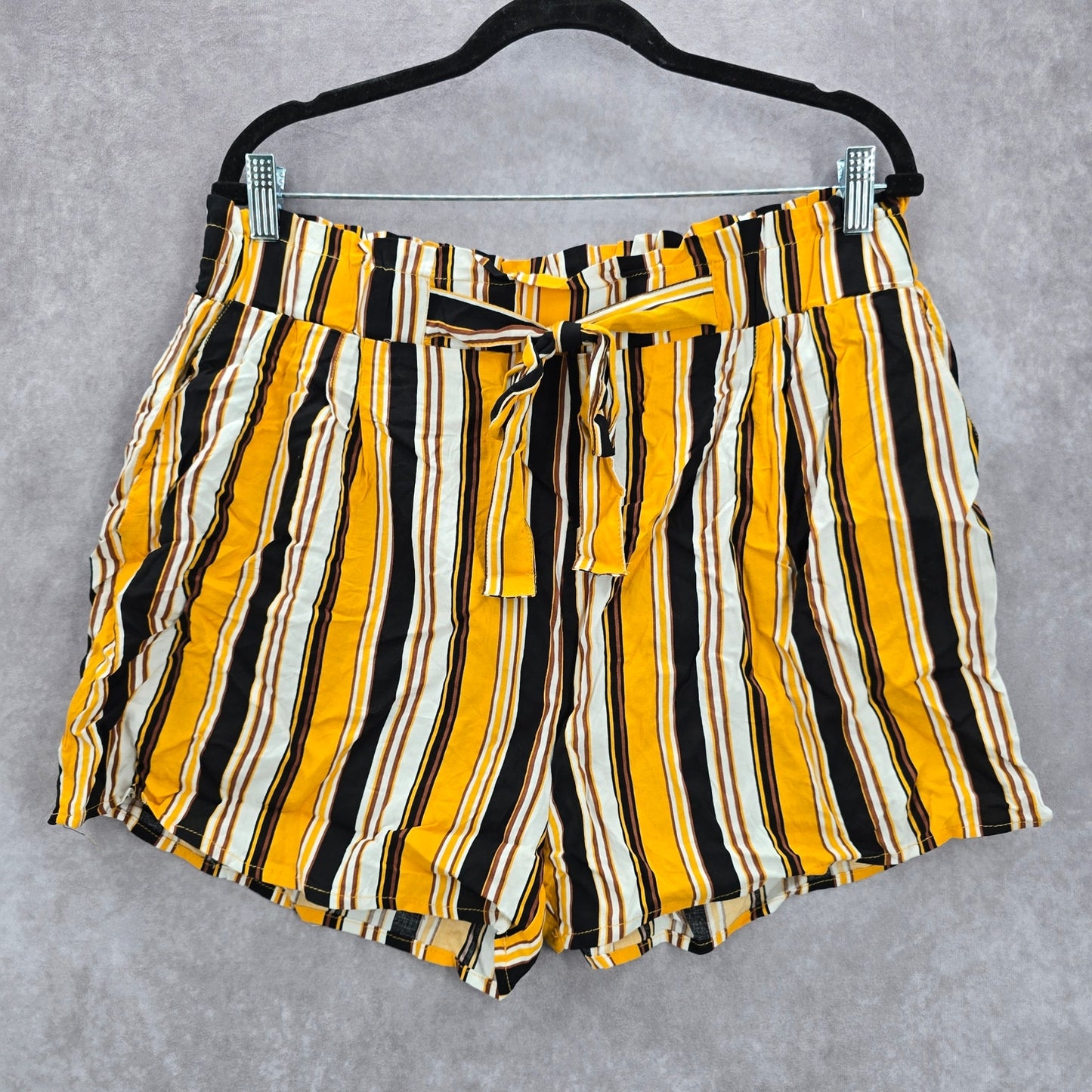 Ambiance Apparel Yellow Stripe Pullon Tie Funky Ruffle Pants Shorts Plus 2X