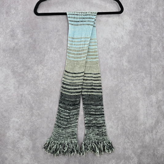 Gray Green Blue Fringe Stripe Tassels Y2K VTG Wrap Shawl Cable Knit Scarf
