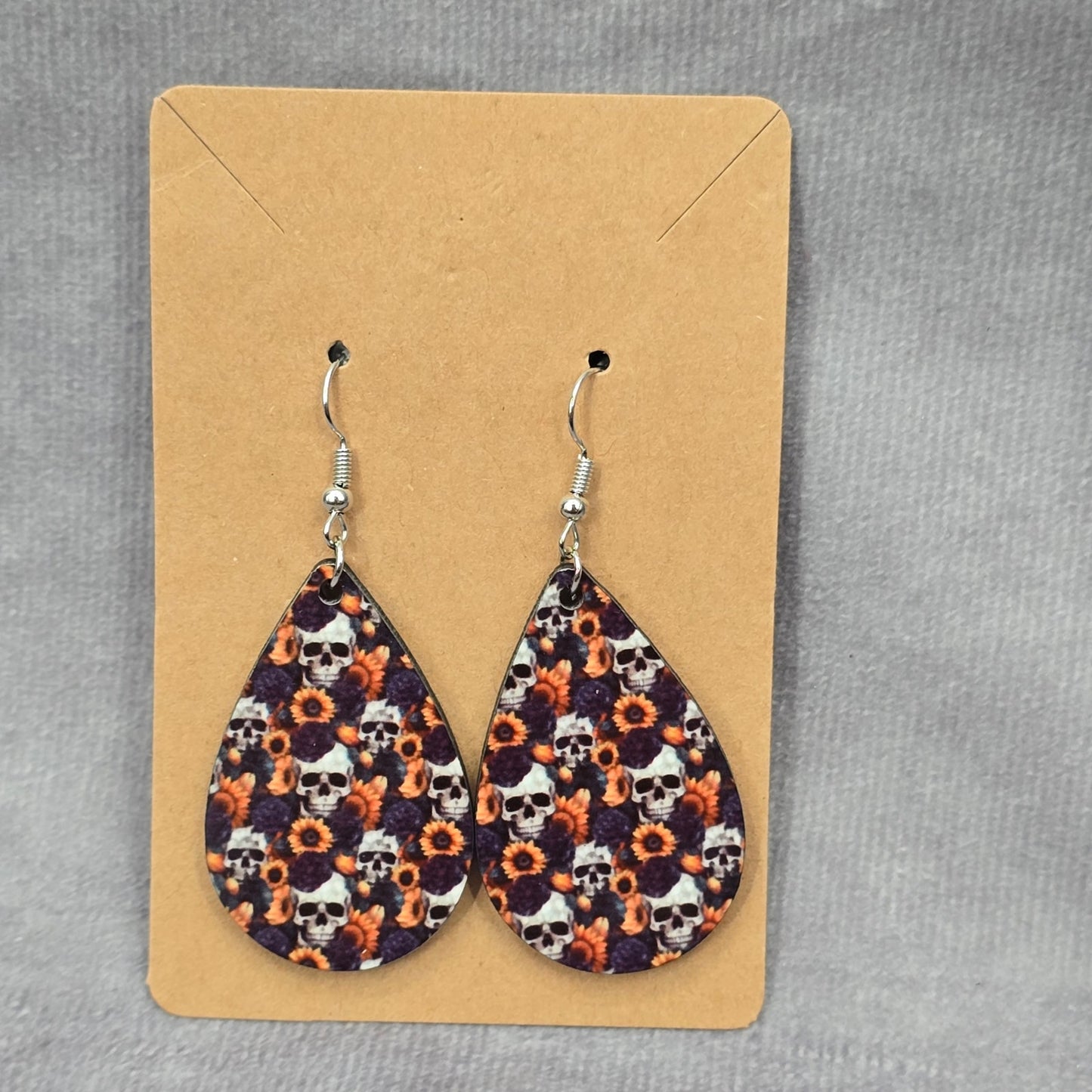 Sunflower Skull Teardrop Hook Handmade Halloween Earrings JB1E3
