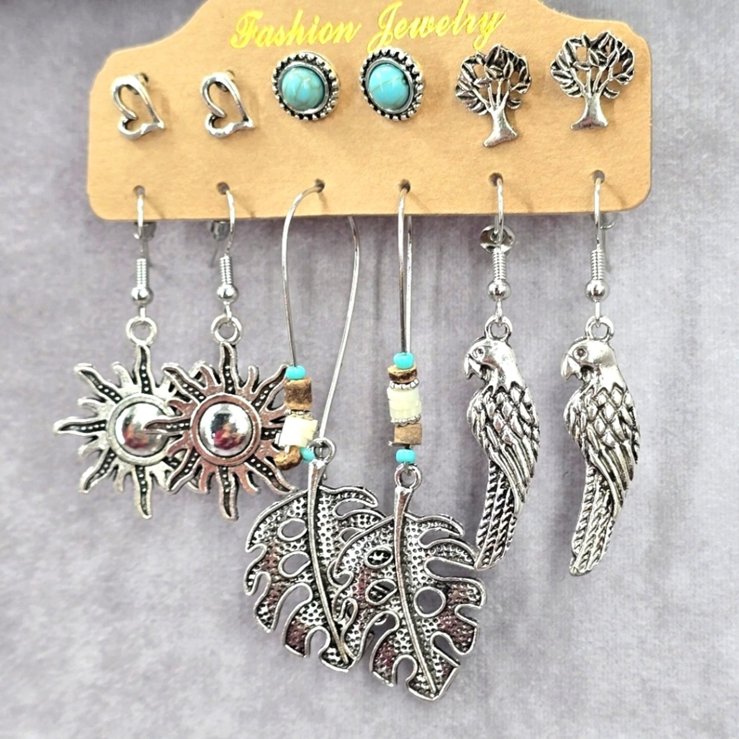 Silver Leaf Bird Sun Boho Hoop Bird Dangle Stud Earrings Fashion Jewelry JB2-74