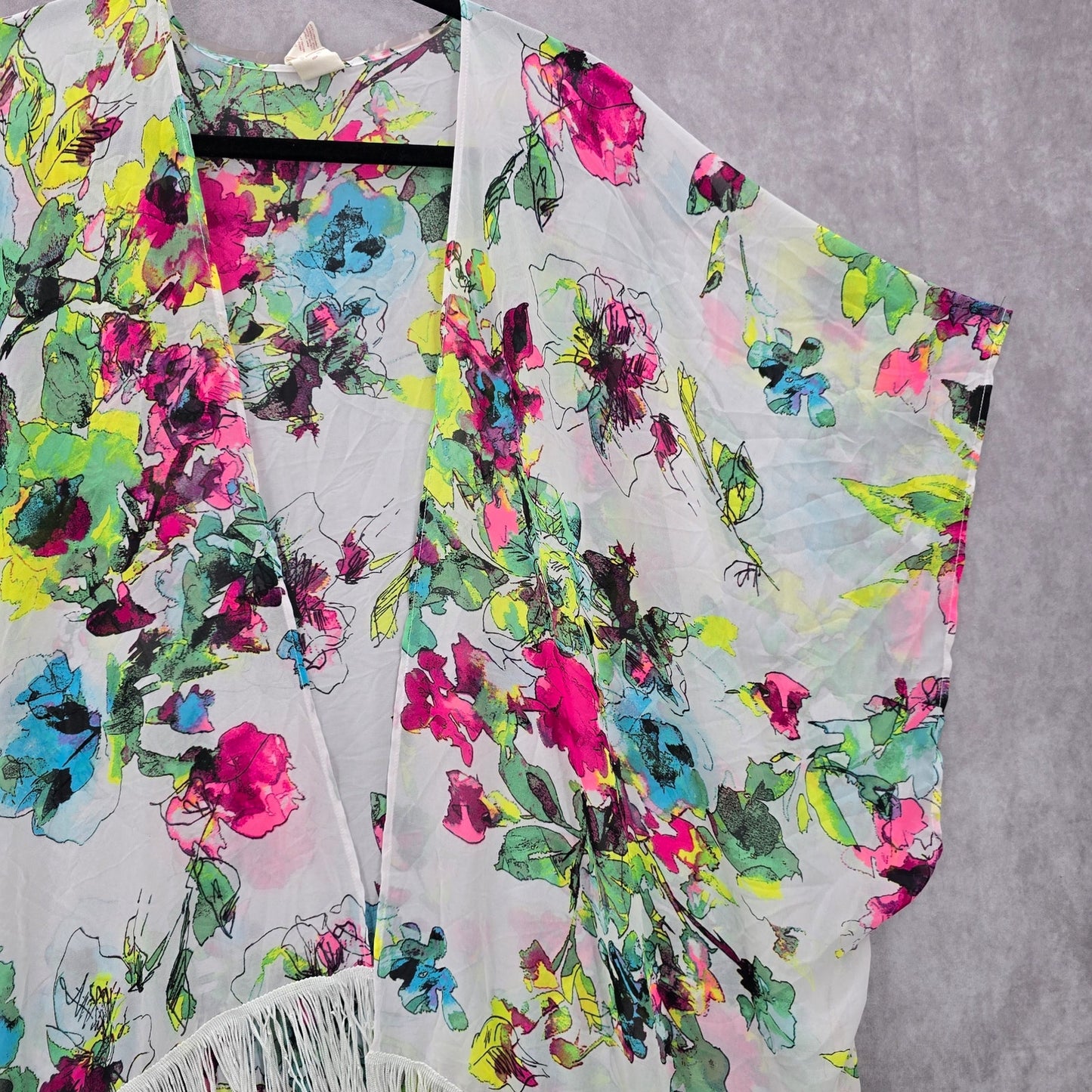OP White Floral Fringe Boho Beach Swim Cover Up Duster Kimono XL Extra Large
