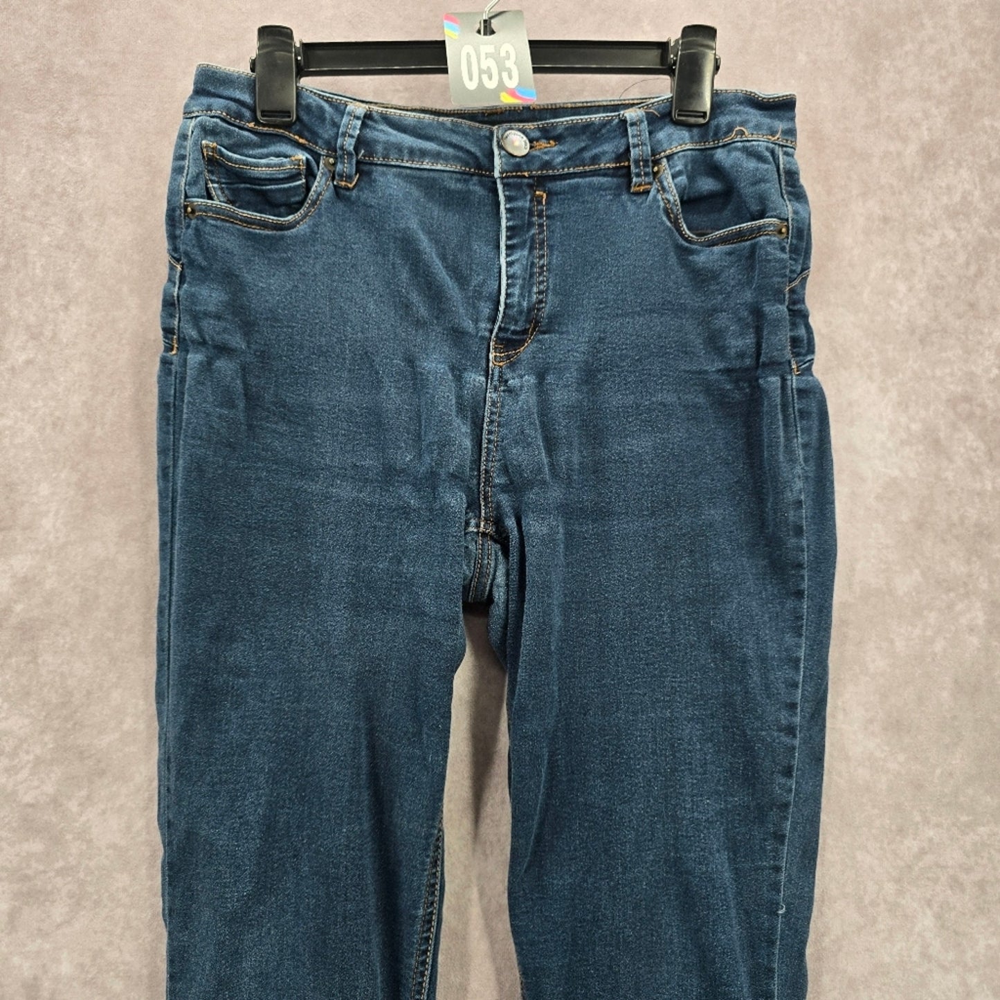 053. Rue21 Twentyone Black Blue Denim Pants Straight Stretch Skinny Jeans 13/14R