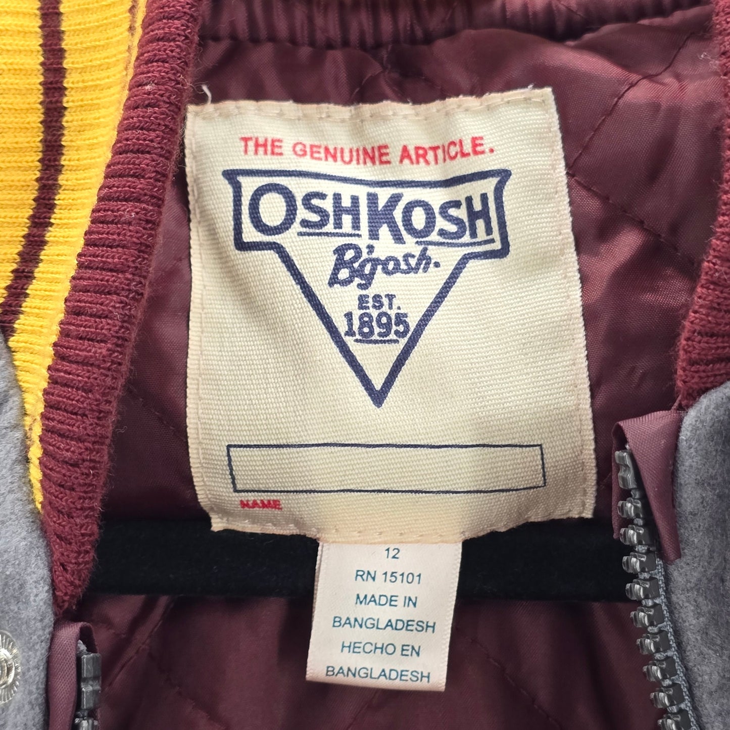 OshKosh B'gosh Gray Stripe Quilt VTG Varsity Track Field Bomber Coat Jacket L 12