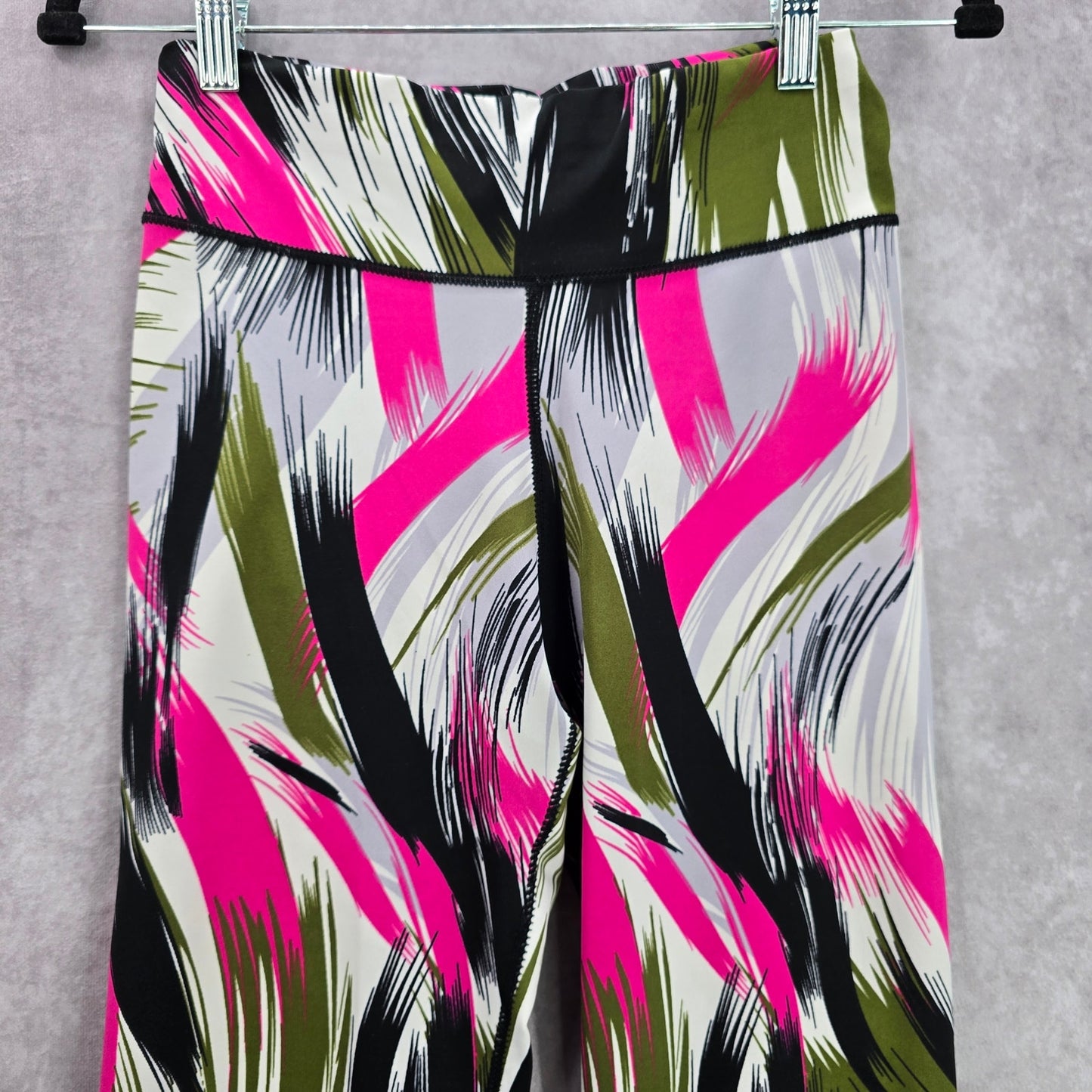 Black Green Pink Cropped Brush Stroke Activewear Legging Yoga Pant Bottoms M/L